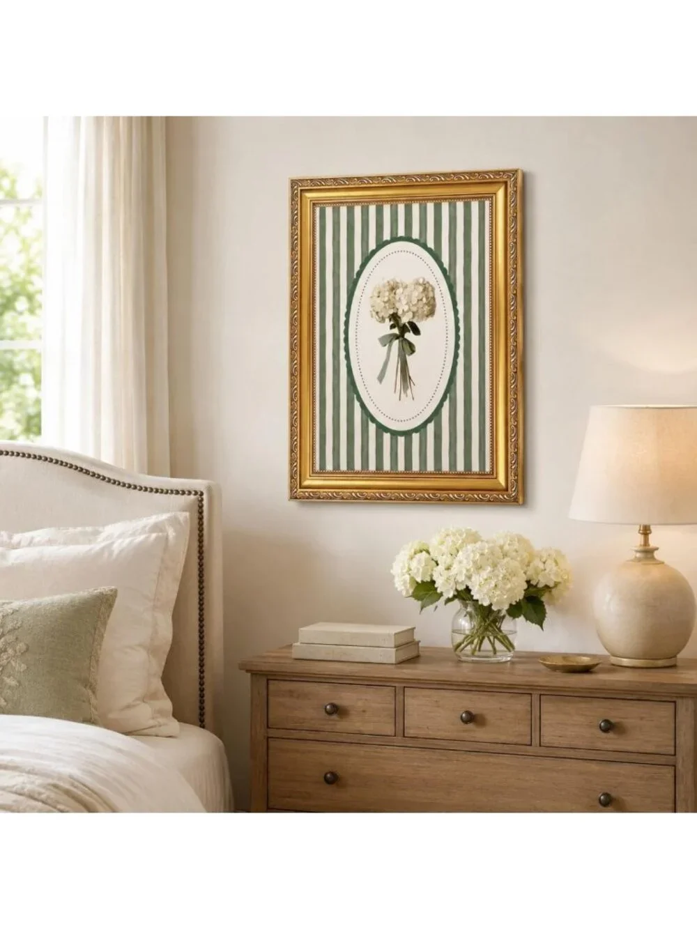 Vintage Botanical Wall Art Print, Green Floral Canvas with Gold Frame, Home
